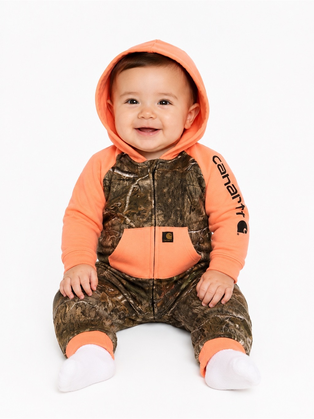Carhartt Size 18M Camo Coverall with Coral Orange Hood and Sleeves